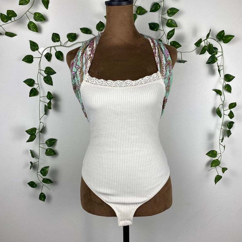 Intimately Free People White halter top bodysuit crochet lace trim paisley scarf